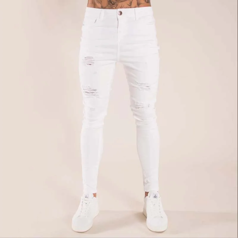 2021 New Mens Jeans Hip Hop White Moto Skinny Ripped Pure Color Elastic Denim Pants Male Casual Waistline Jogging Pencil Pants