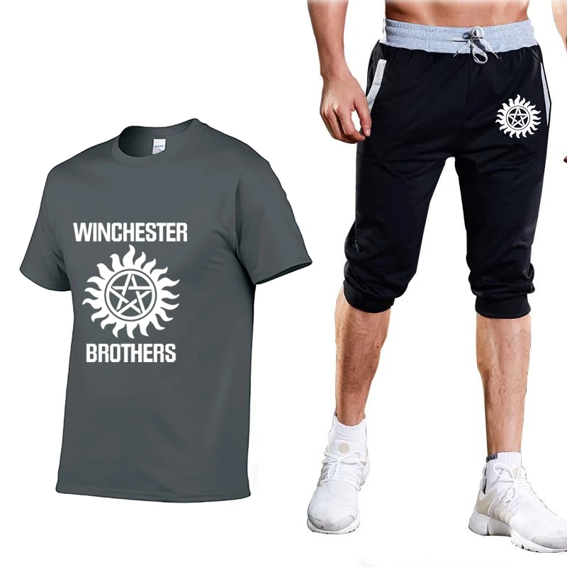 

Men's T-Shirt Winchester Car Logo Summer Mens Short Sleeve casual male Solid color Crew neck Cotton T-Shirt+Pants Suit 2Pcs