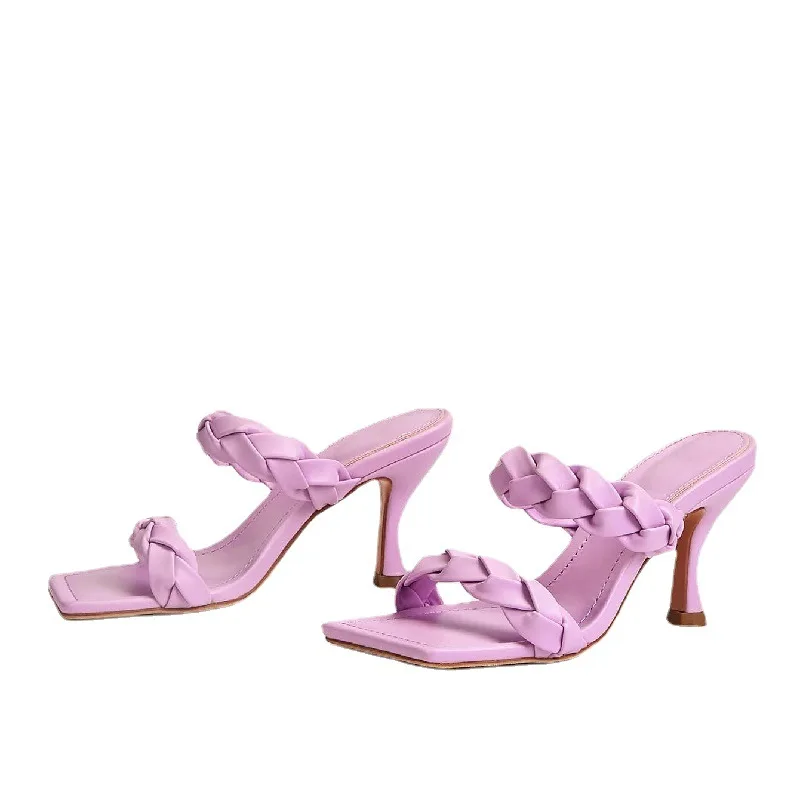 

Doris Fanny NEW Sexy PU Leather Square Toe Thin High Heels Slippers Ladies Sandals Fashion Shallow Slip On Shoes For Women Mules