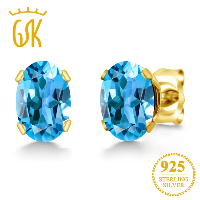 GemStoneKing 1,10 карат овальной формы, натуральный голубой топаз, Серьги с драгоценными камнями, покрытые желтым золотом, серебряные серьги-гвоздики для женщин