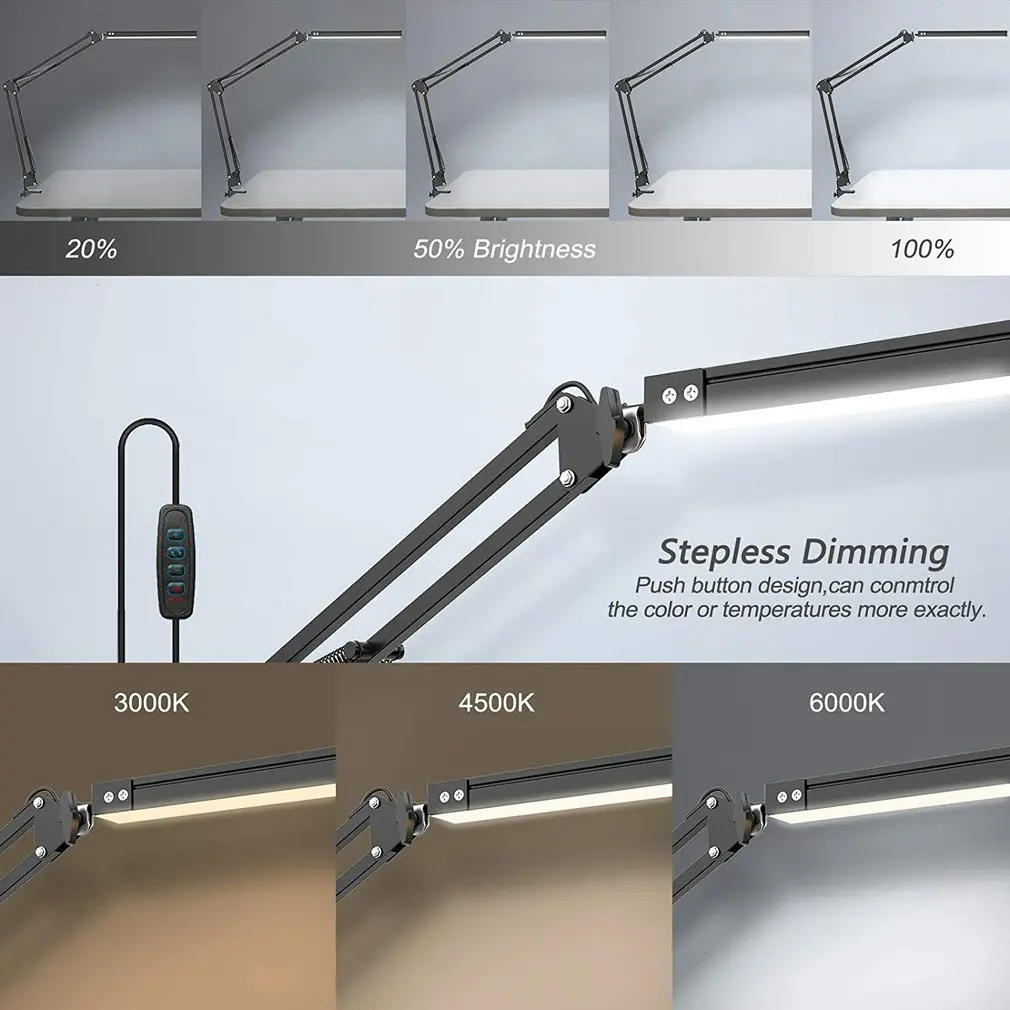 New LED Folding Metal Desk Lamp Clip on Light Clamp Long Arm Dimming Table 3 Colors For Living Room Reading Office Computer | Освещение