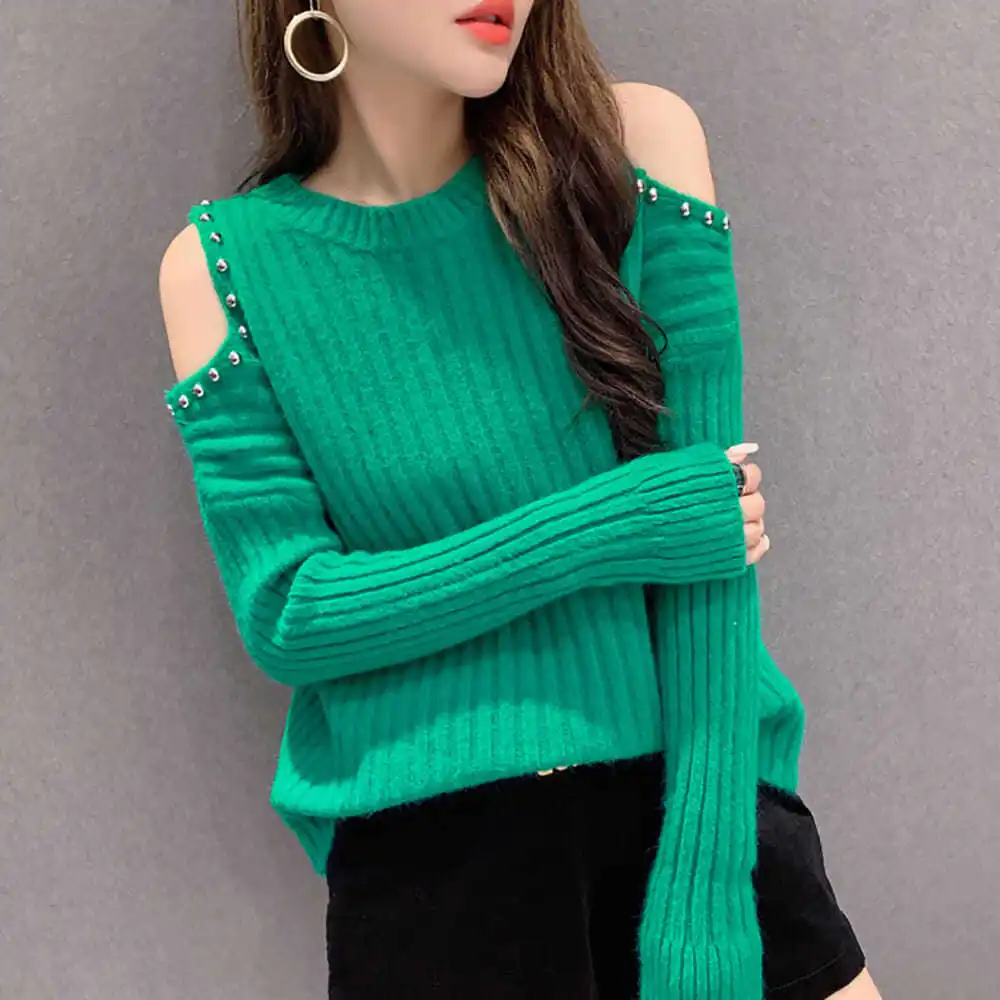 

Candy sweater women's new autumn winter 2022 solid color off shoulder sweater women's Pearl loose long sleeve top Pullover