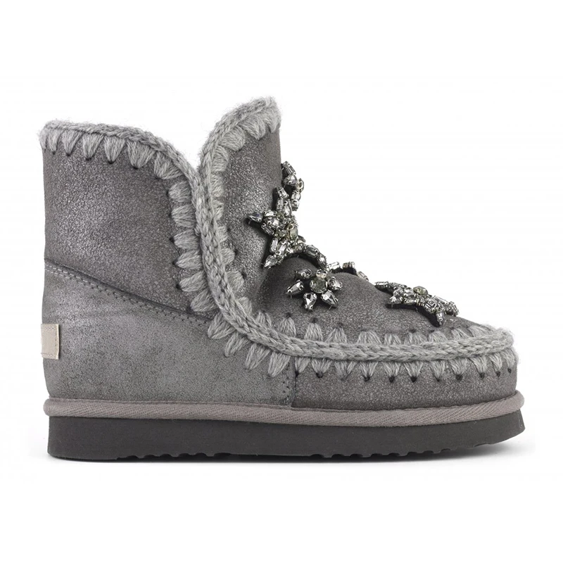 preço Moug Inverno Mulheres Neve Tornozelo Botas Eskimo 18 Estrelas De Cristal Alta Qualidade Pele Carneiro Sutura Dedo Do Pé Redondo Da Menina Apartamentos Senhoras Botas
