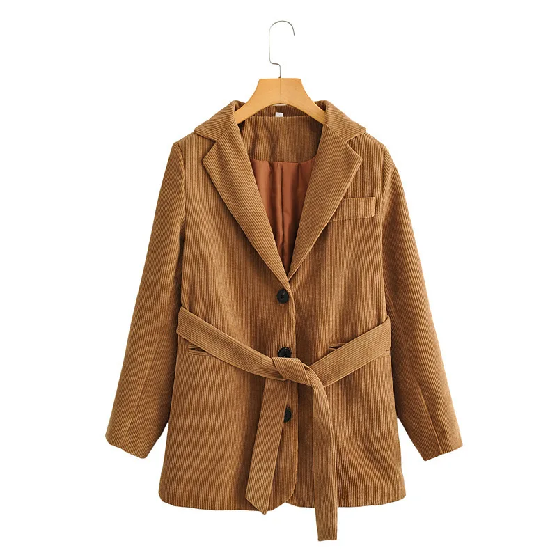 

Corduroy belt casual suit jacket women's Retro loose office Brown Suit Size enlarged Winter Coat Women Women Jackets