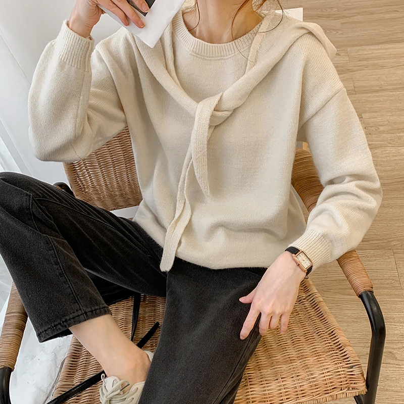

Korean Fashion Ladies Full Sleeve Women Knitting Sweater Solid Hooded O-Neck Bow Pullover And Jumper Loose Sweater Hot Sale 2021