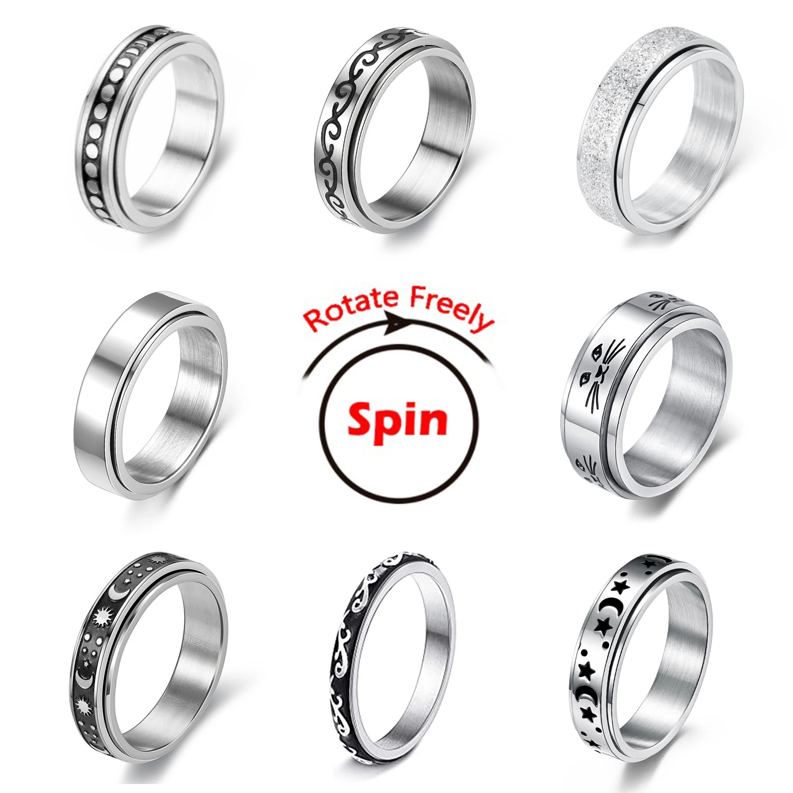 20 Styles Anxiety Ring Figet Spinner Rings For Women Men Stainless Steel Rotate Freely Spinning Anti Stress Jewelry Gifts