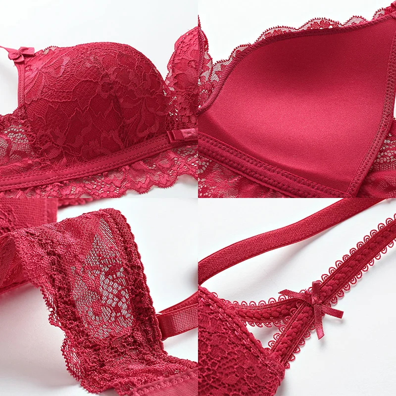 

New women's Romantic Lace Sexy Deep V Gathered Rimless Underwear Back Design Bra Set