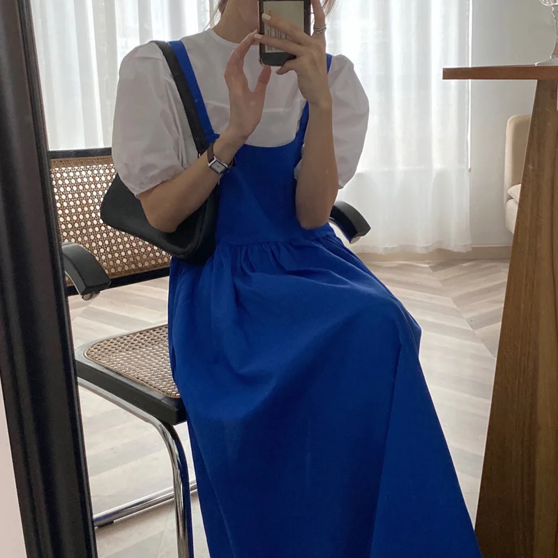 Summer Reduction Soft Blue Round Neck Loose Puff Sleeve Shirt Back Big Swing Strap Dress | Женская одежда