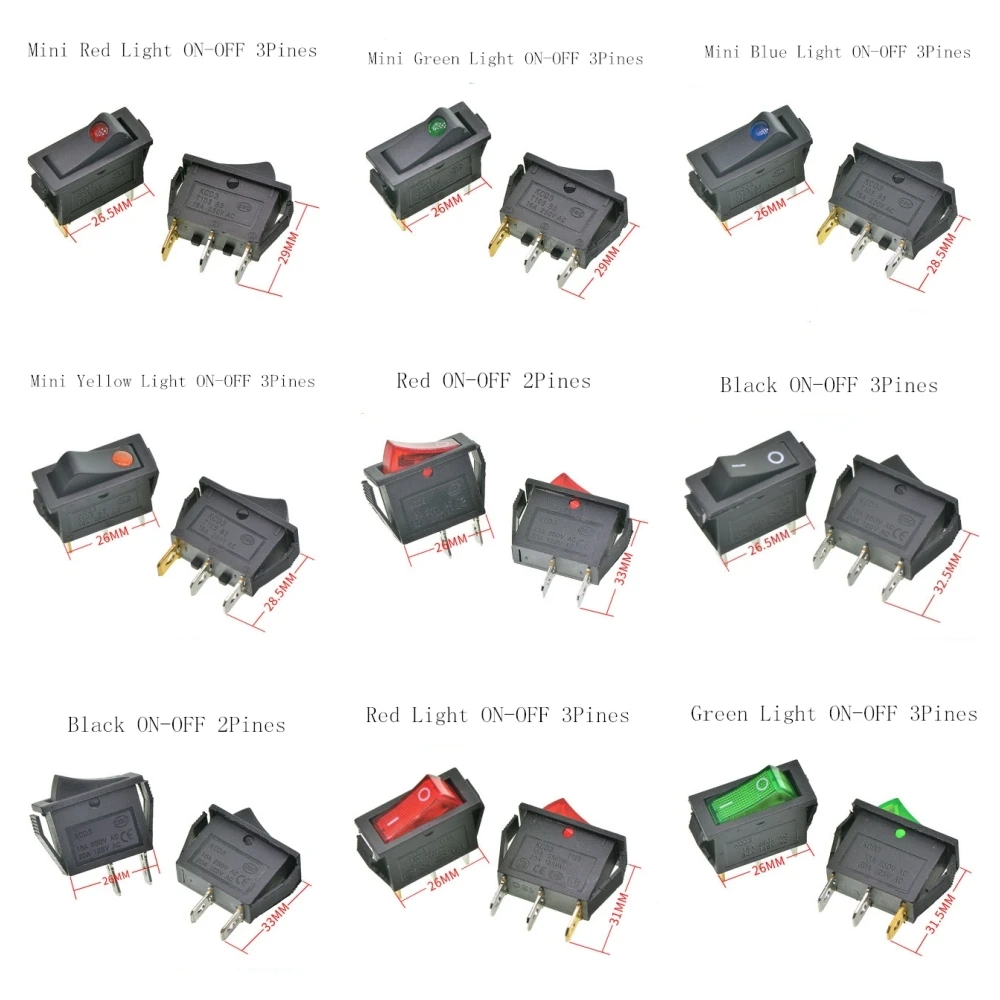 KCD3 220V ON/OFF кулисный переключатель SPST однополюсный 2 Позиции 20A 125VAC светодиодный
