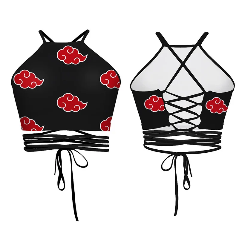

Vest Cosplay Costume Anime Red Cloud Print Crop Top Navel Bare Vest Ladies Lace-up Camisole Tops