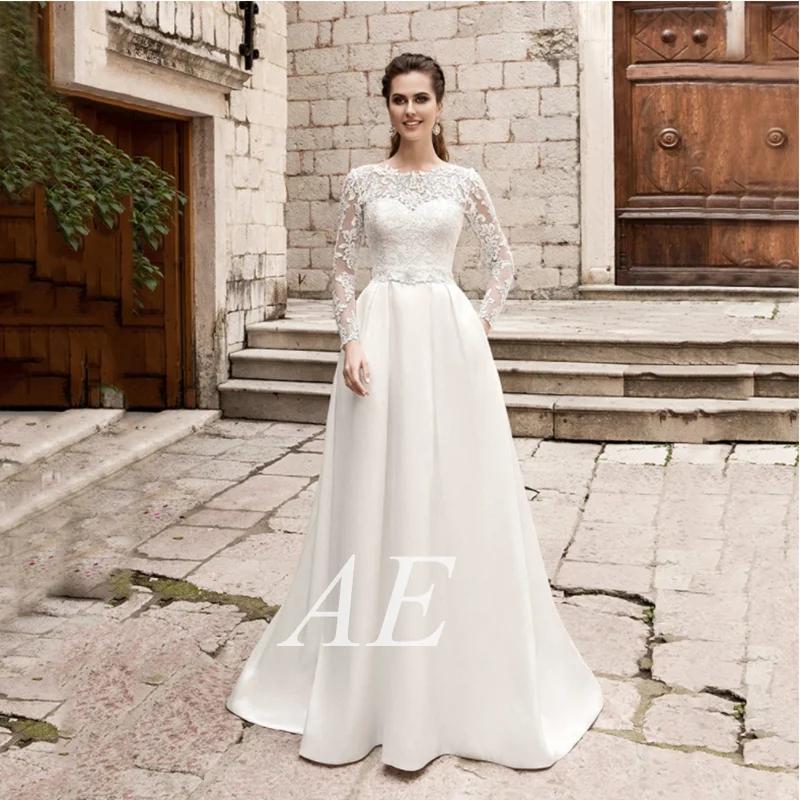 

vestido de Novia Gorgeous Lace Wedding Dresses 2022 A-line Sexy Backless Sheer Applique Long Sleeve Bridal Gown свадебное платье