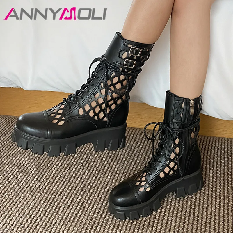

ANNYMOLI Women Motorcycle Boots Shoes Buckle Platform Thick Heels Mid Calf Boots Cross Tied Cutouts High Heel Lady Boots White