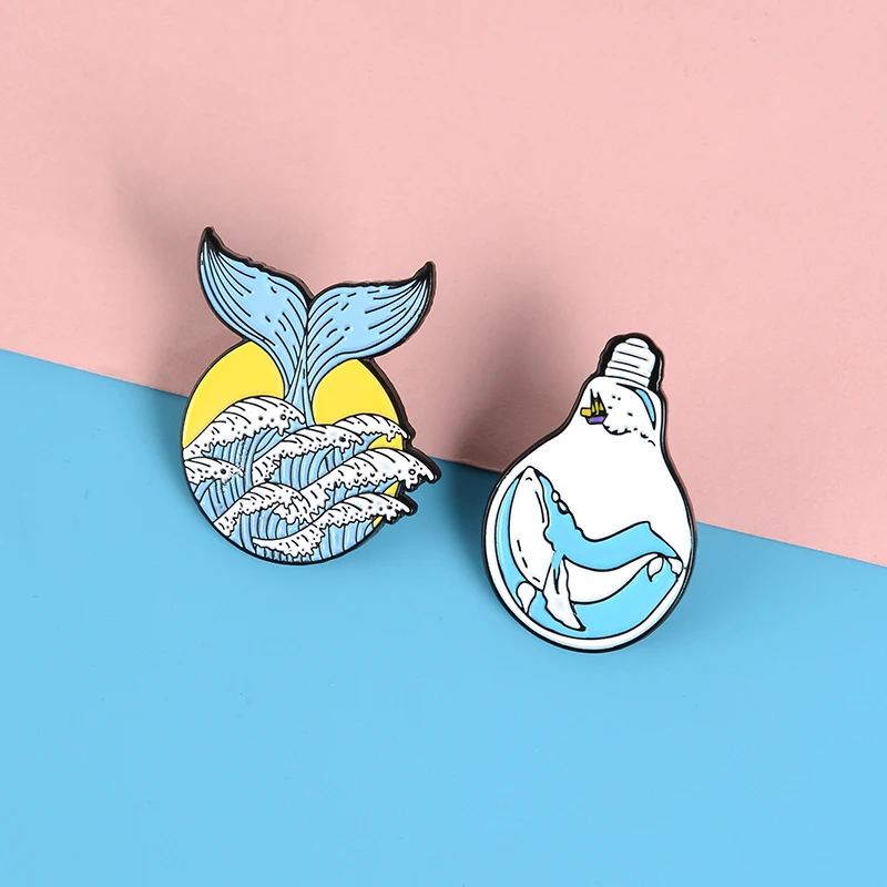 

Whale Spindrift Summer Holiday Ocean jewelry Blue Sea wave Bulb brooch Men women clothing backpack bag accessories Pins For Gift