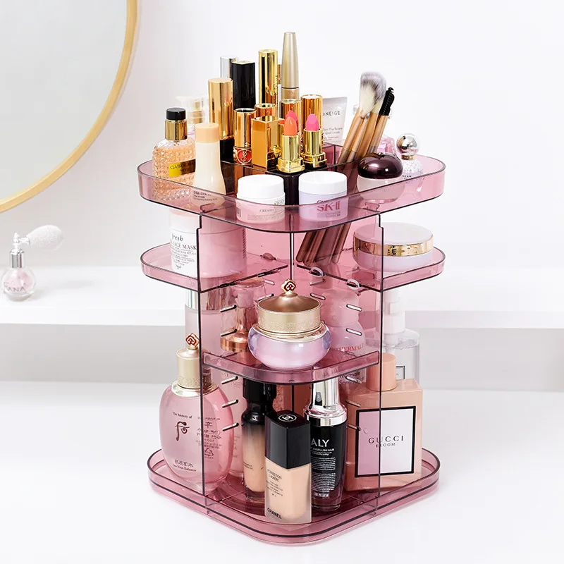 

360 Degree Rotating Makeup Organizer Transparent Acrylic Cosmetics Box Adjustable Rotating Stereo Storage Rack Display Stand