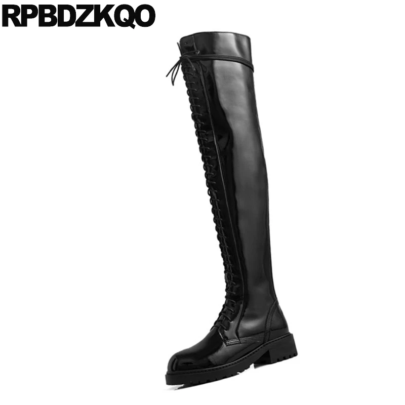 Long Shoes Faux Fur Handmade Patent Leather Black Tall Riding Chunky Equestrian Thigh High Over The Knee Women Boots Winter 2021 | Обувь