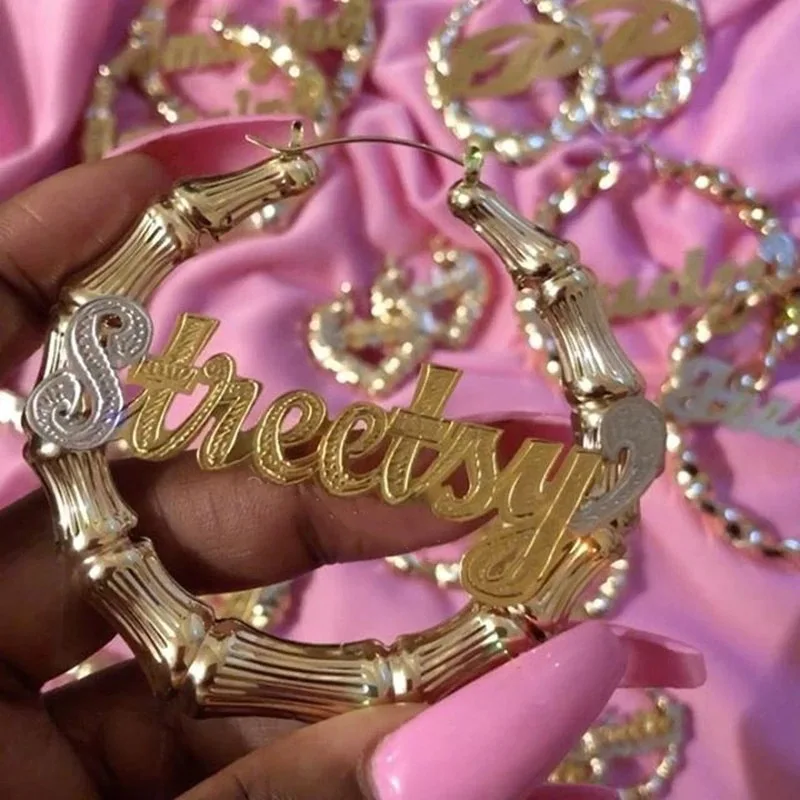 

Custom Name Earrings Alloy Carved Two-Color Custom Bamboo Earrings серьги Genshin Impact Cерьги Tренд Earrings Women Jewelry