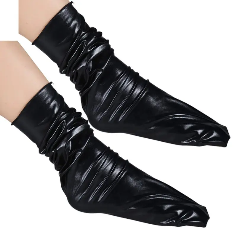 

Y1UE Women Girls Faux Patent Leather Loose Crew Socks Funny Shiny Metallic Wetlook Solid Color Warm Mid Tube Stockings Clubwear