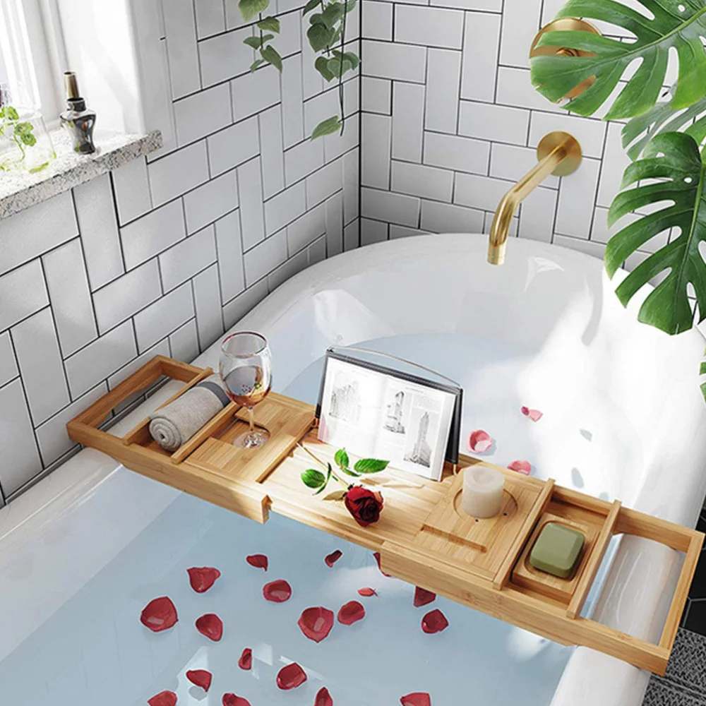 

1pc Practical Bathroom Shelf Environmental-friendly Bath Tub Rack Wood Color