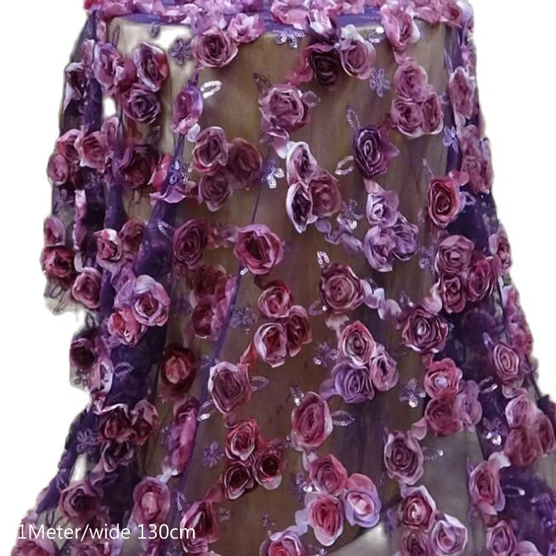 

HOT 130cm wide fabrics per meter tulle mesh 3d rose sequin wine red lace fabric wedding dress decor lace Luxury lace fabric