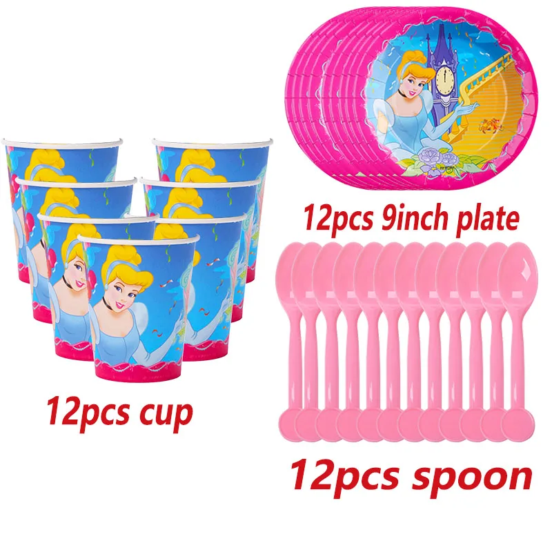 

12pcs/set Disney Six Princess Cinderella Theme Disposable Tableware Set Paper Cup Plate Napkin Straw Birthday Party Decor Supply