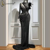 muslim one long sleeve black mermaid evening dresses illusion high neck feather ruched long robes de soiree prom party gowns