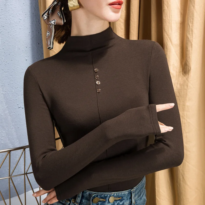 

2021 new fashion T-shirt high collar solid color slim top womens knitted button