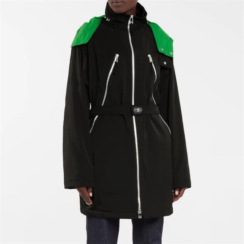 

21 Autumn/Winter Hooded Nylon Windbreaker Women's Mid-Long Style Contrasting Color Waist Stiff Temperament All-match Jacket