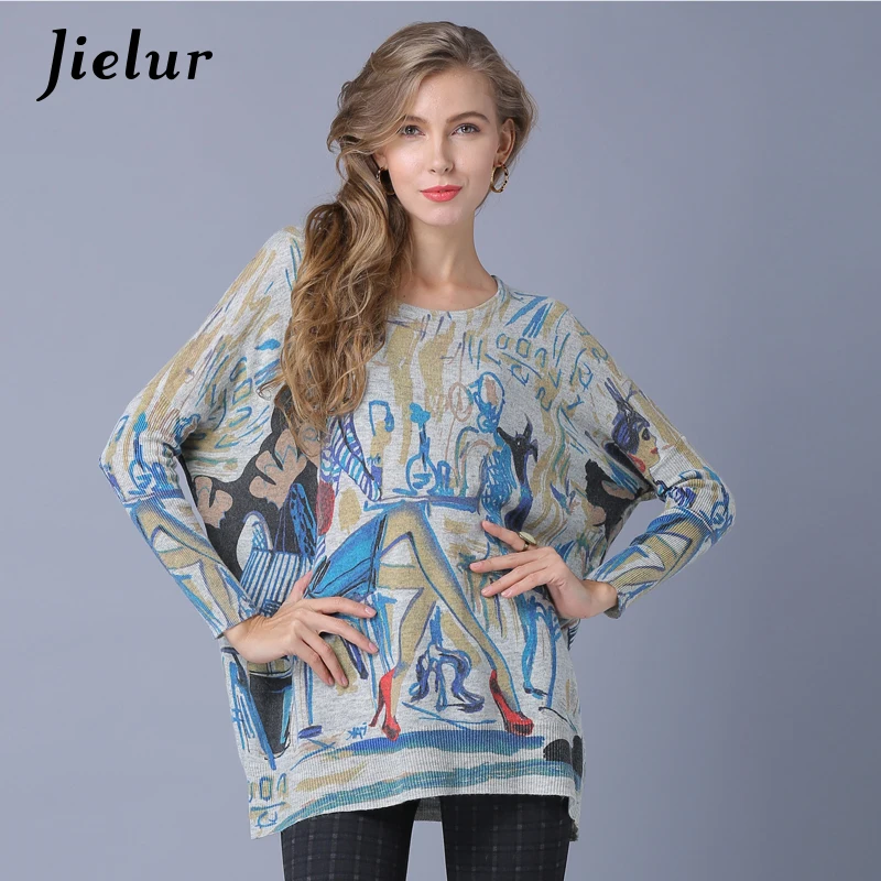 Jielur 2021 Europe Fashion Cartoon Lady Printed Sweater for Women Loose High Street Pullover Female Plus Size 3 Colors Sweaters | Женская