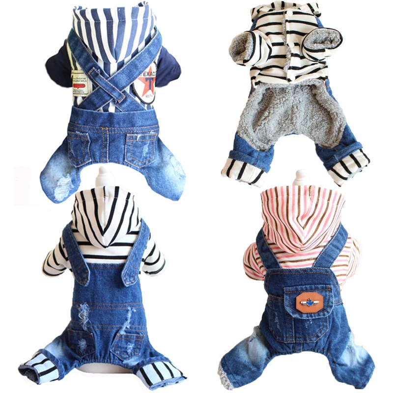 Джинсовый комбинезон в полоску для собак с капюшоном щенков и кошек зимние