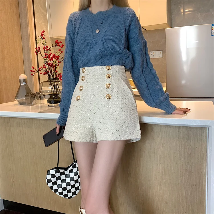 

CBAFU осенне-зимняя твидовая искусственная ткань с высокой талией и широкими штанинами двубортная шерстяная искусственная Толстая черная аб...