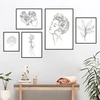 Настенный художественный Рисунок, рисунок для девочек, минималистичный модный красивый плакат, женский цветок, лист, эскиз, черная белая Картина на холсте HD0011