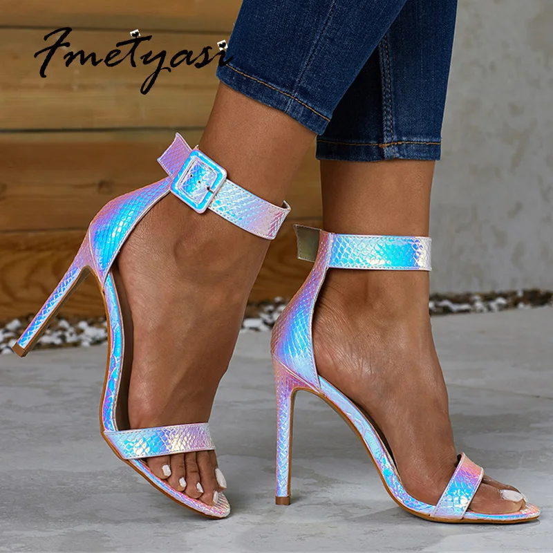 

Animal Print Women Sandals Snake Skin High-heeled Sandals Cover Heel Peep Toe Buckle Strap 2021 Summer Pumps Sexy Thin Heels