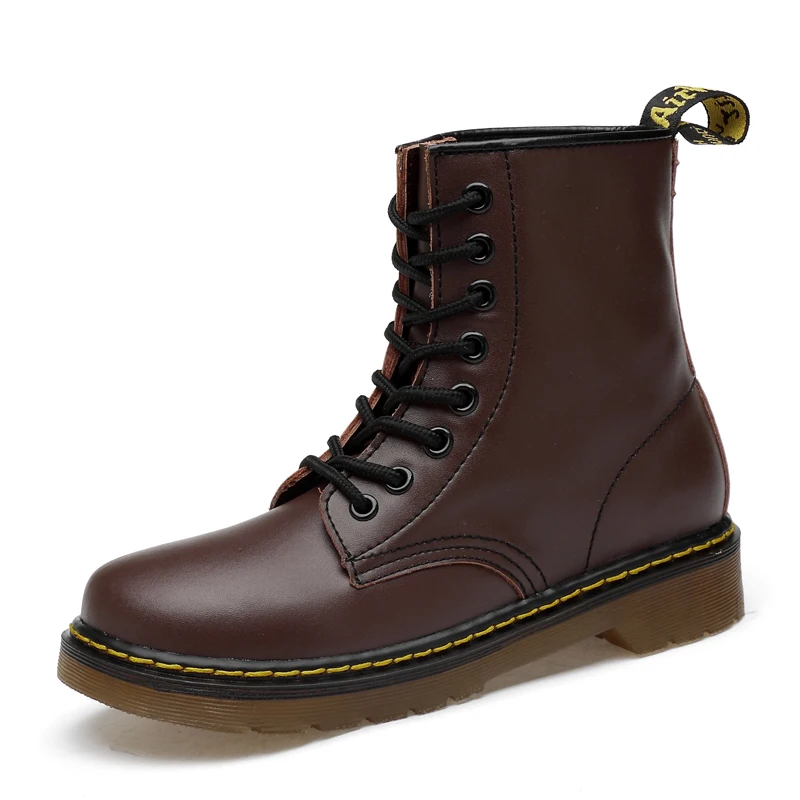 Brown Ankle Boots Genuine Leather Autumn Winter Men's Women's Martin Boots Fashion Motorcycle Boots Outdoor Working Snow Boots - Color: Brown