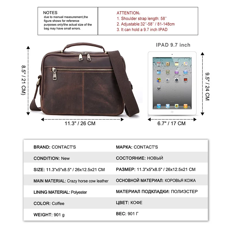 Contacts genuine crazy horse leather vintage Men Briefcase for ipad 9.7inch retro zipper male handbag shoulder bag messenger bag