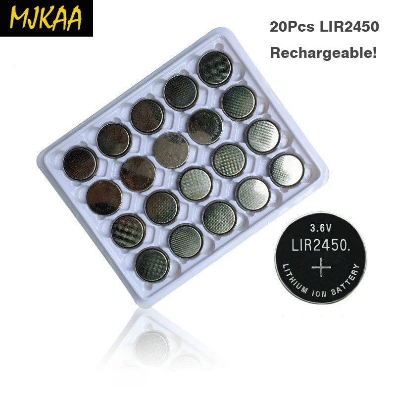 2019 MJKAA 20x LIR2450 перезаряжаемые кнопочные батареи Зарядка 1000 раз Литиевые Батарейки