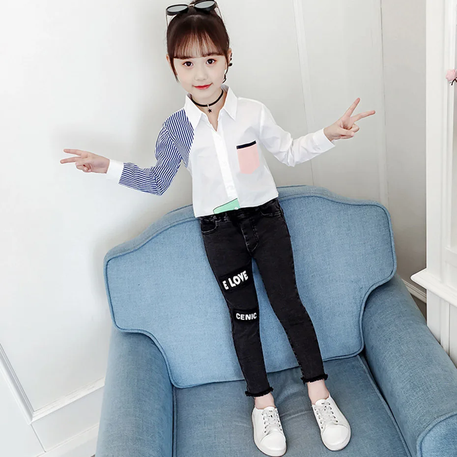 Белая блузка для девочек лоскутные рубашки полосатая детская осенняя школьная