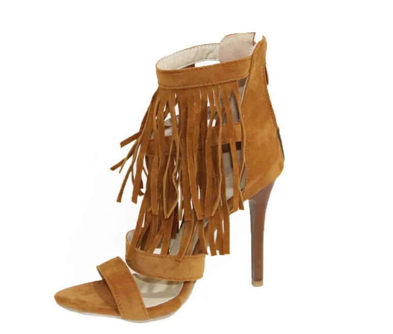 Пикантные женские сандалии гладиаторы из замши и кожи с бахромой открытым носком