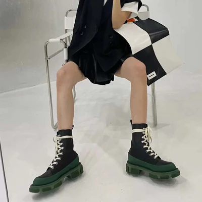 

Metal Decor Thick-soled Genuine Leather Spring Autumn Woman Martin Boots 2021 Designer Brand Luxury Handsome Lace -up Boots