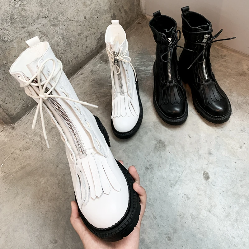 Белые мотоциклетные ботинки военные Ботильоны на каблуке 4 см с круглым носком и