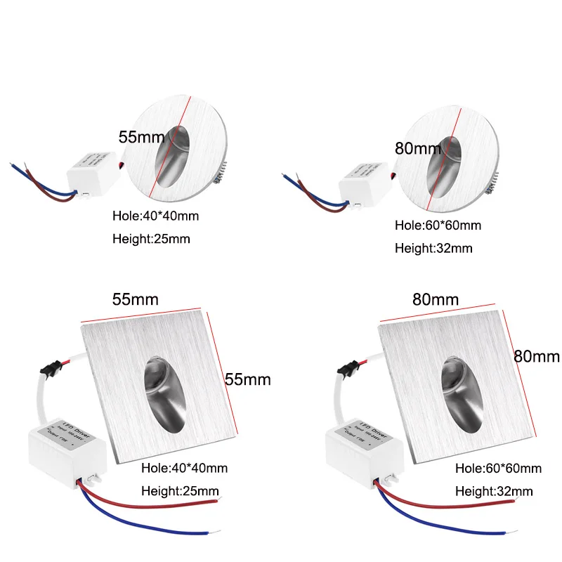 Встраиваемый светодиодный светильник для лестницы Круглый квадратный 1 Вт/3 Вт -