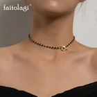 Ожерелье-чокер женское с черными хрустальными бусинами, украшение на шею в форме цветка с застежкой-замком, цепочка до ключиц