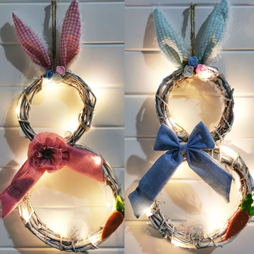 

Easter Bunny Garland With Lights Easter LED Lights Hanging Ornament Wreath Rattan Circle Pendant For Home Decoration Party Bunny