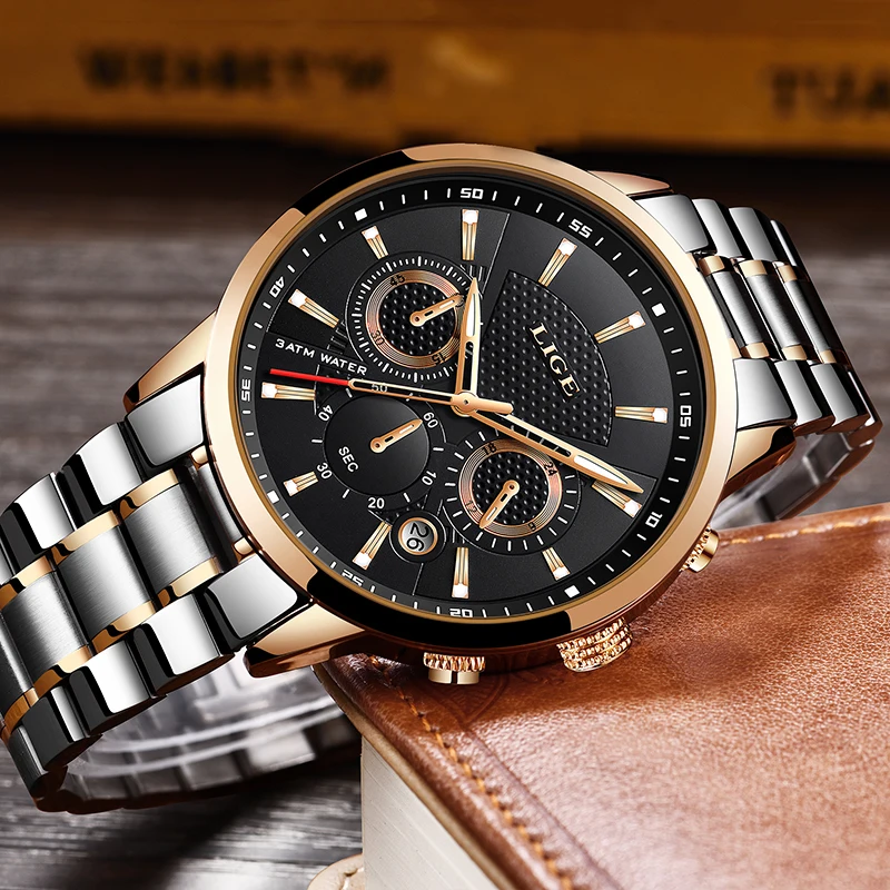 Reloj hombre модные золотые мужские часы lige top класса люкс Бизнес Нержавеющая сталь Водонепроницаемый кварцевые часы Для мужчин, спортивные часы