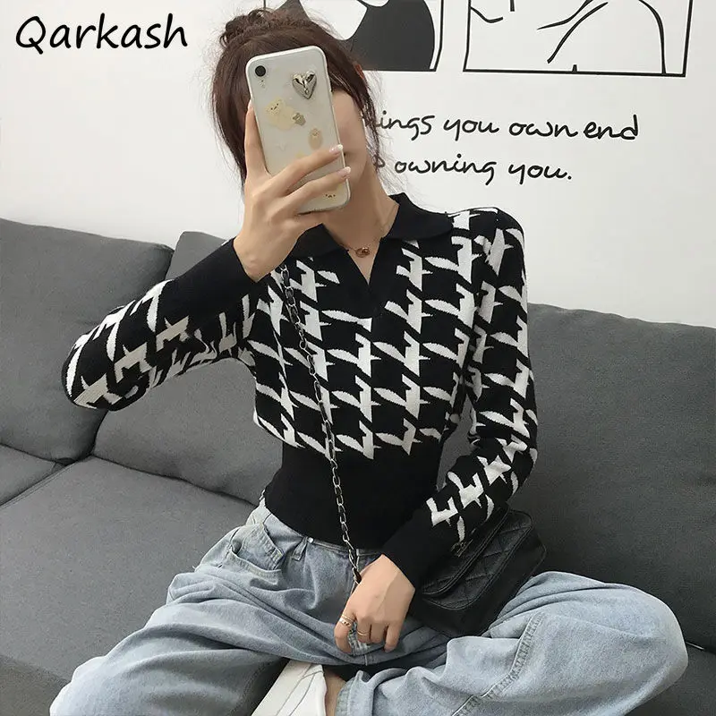 

Cropped Pullovers Women Houndstooth Vintage Slim Spring Design Cozy Korean Style Leisure All-match Chic Knitwear Femme Ins New