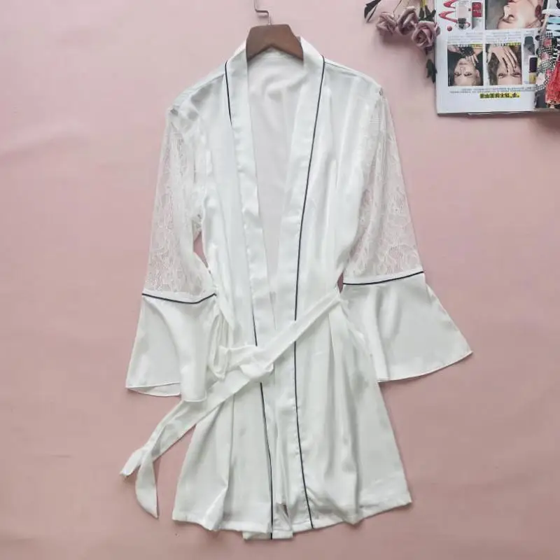 

Lace Sleeve Kimono Robe Gown Satin Femme Perspective Sleepwear V-Neck Bathrobe Home Dressing Sexy Bridal Wedding Loungewear