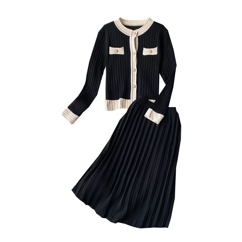 

Knitting Cotton Women Sets Winter New Pocket Button Cardigan And Pleated Knee-Length Skirts Suits Top Quality