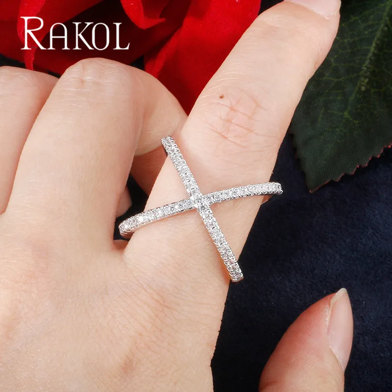 Модные кольца RAKOL для Wom буквы X Форма Крест микро паве циркон белый золотой