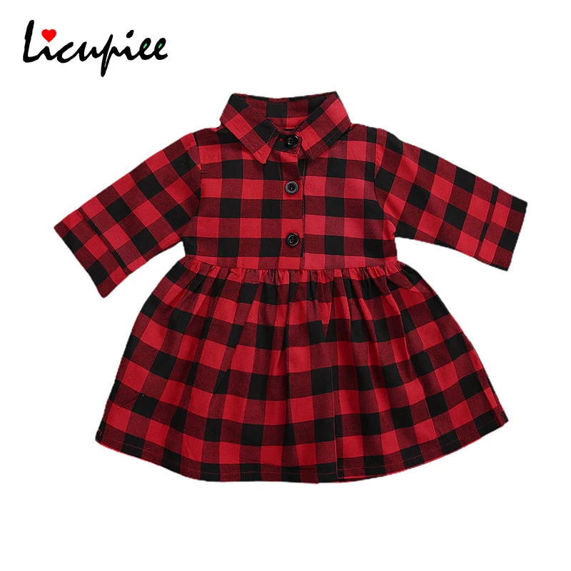 

Toddler Baby Girls Vintage Plaid Dress, Lapel Neck Half Sleeve Buttons Pleated Dress Spring Autumn Clothing Long Sleeve 1-4 Year