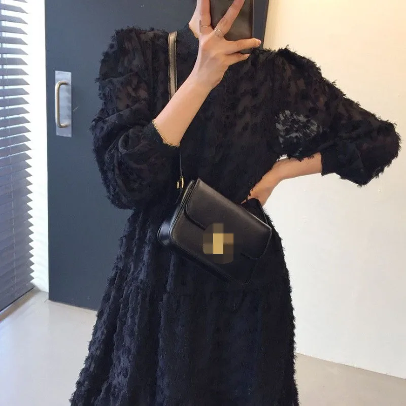

Stand Collar Puff Long Sleeve Dress Women High Waist Hip A Line Solid Vestidos Spring 2021 New Work Style Ol Robe Femme