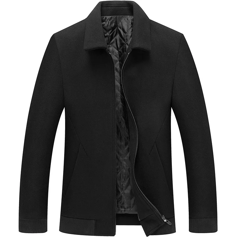 

PARKLEES Mens Woolen Jacket Winter Coats Black Turn Down Collar Rib Sleeve Zipper Jacket Casual Wool Overcoat Mens Clothing